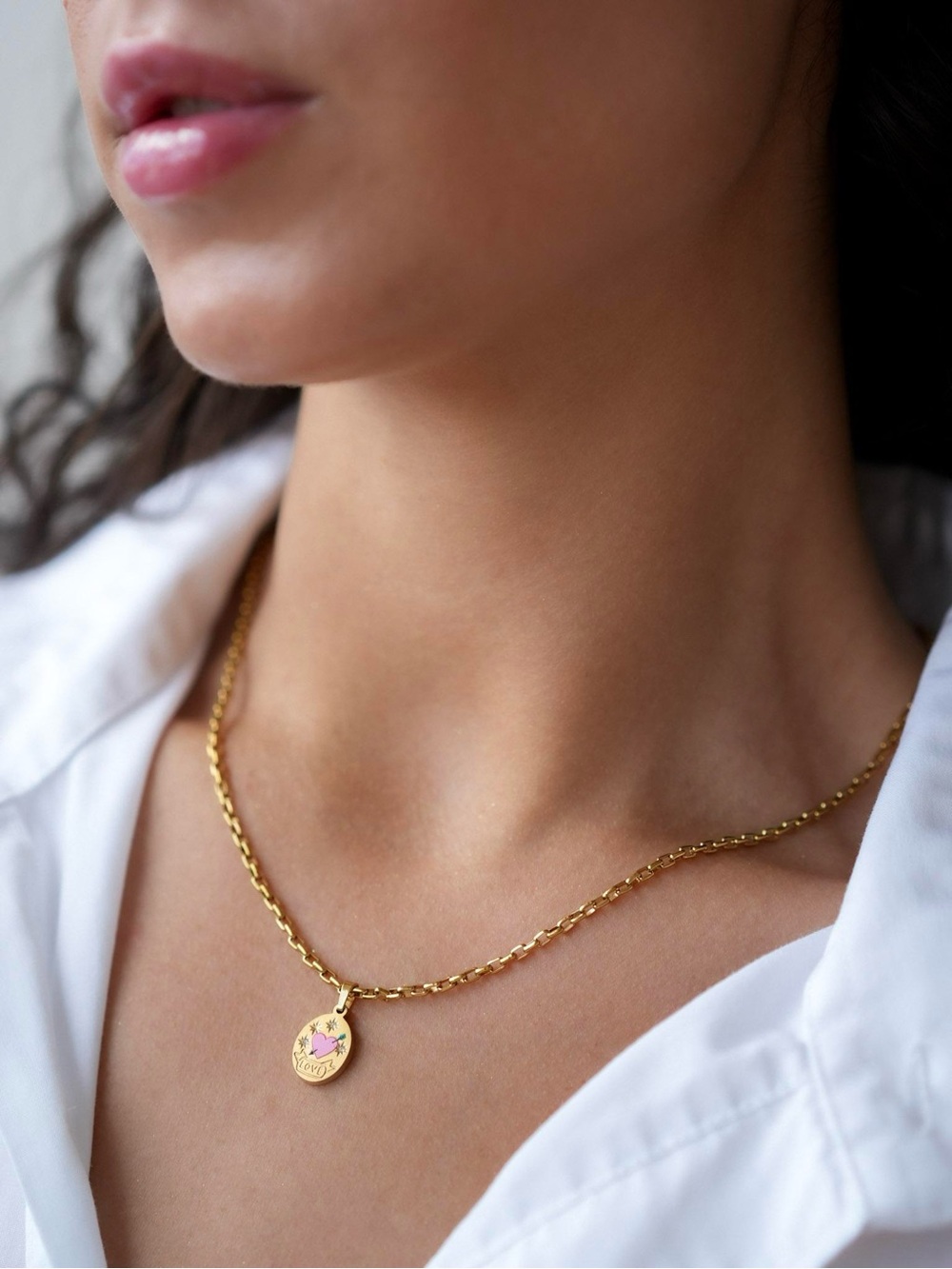 Gold plated Pink Heart 'Love' Pendant Necklace - Women Jewelry